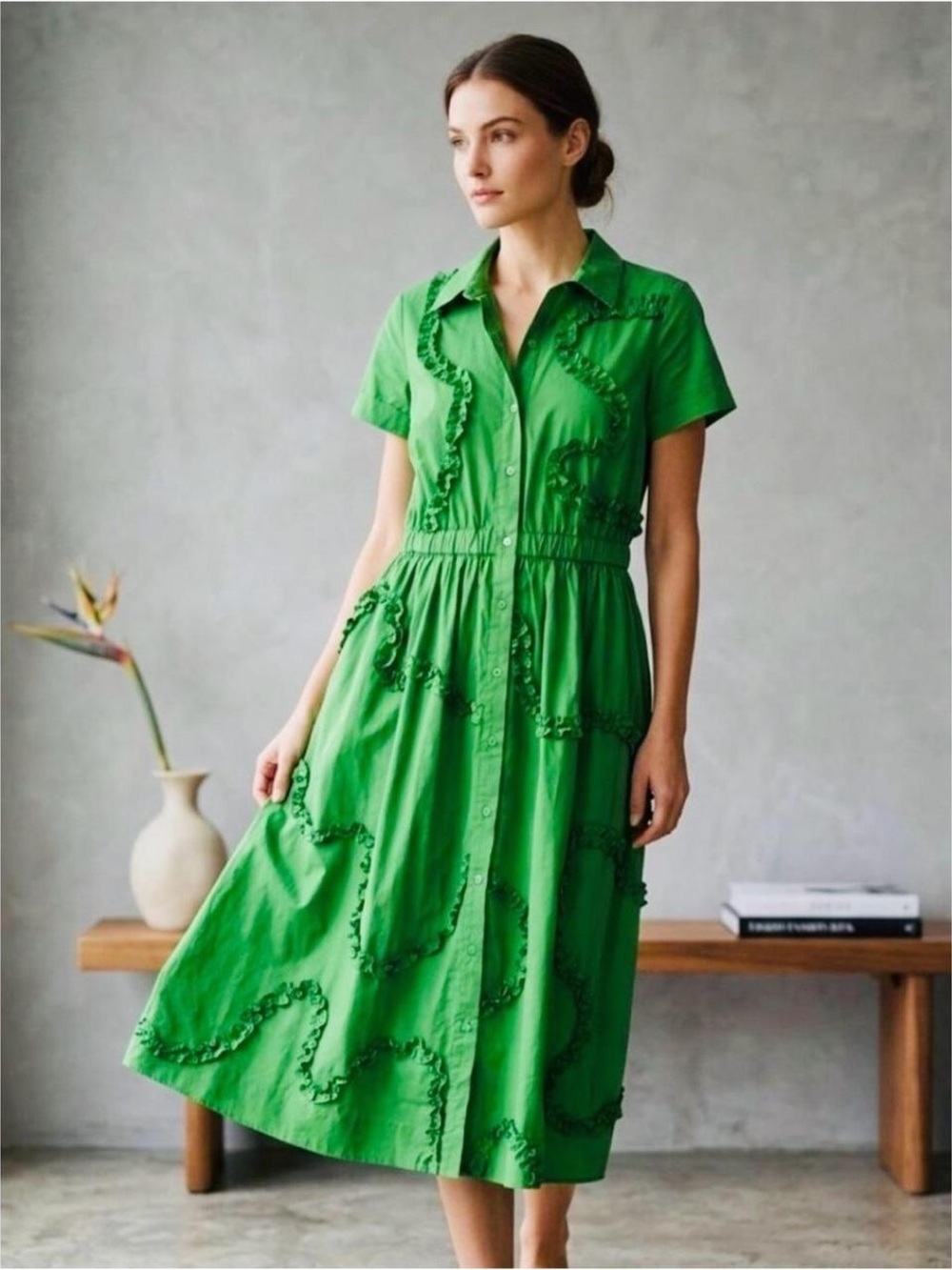 kate spade Bright Green Ruffle-Trim Midi Shirt Dress
